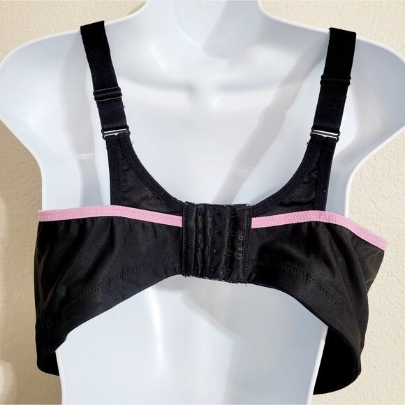 Glamorise Black Pink Trim Wirefree Sports Bra 38F Lightweight Hook & Eye Closure - Picture 2 of 6